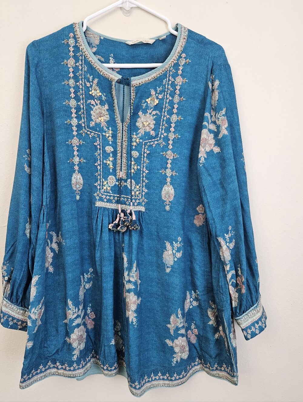 Soft Surroundings Teal Embroidered Boho Tunic Top Size S